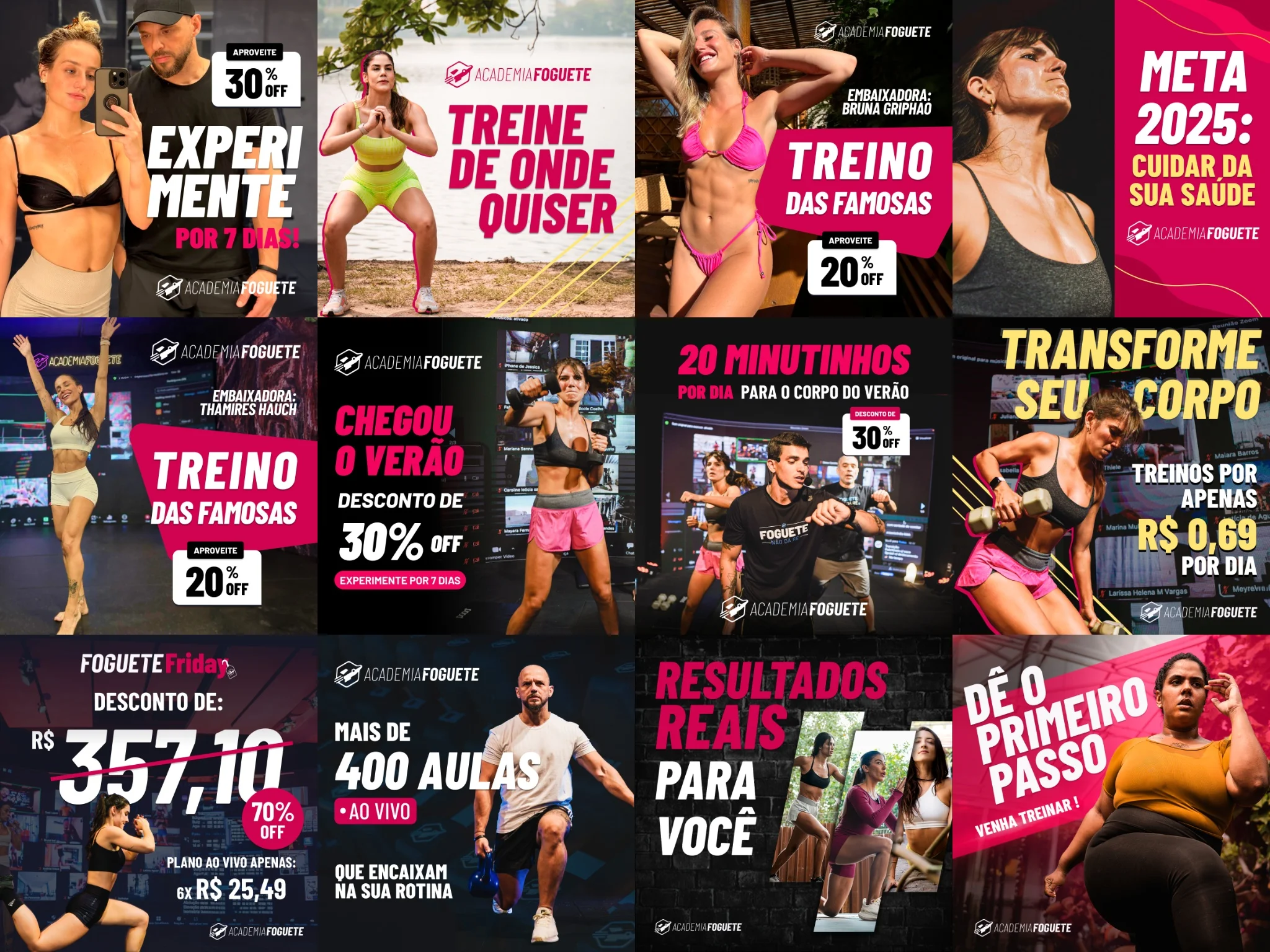 Grade com doze anúncios da Academia Foguete testados em mídia paga, com ofertas, depoimentos e chamadas de experimente grátis