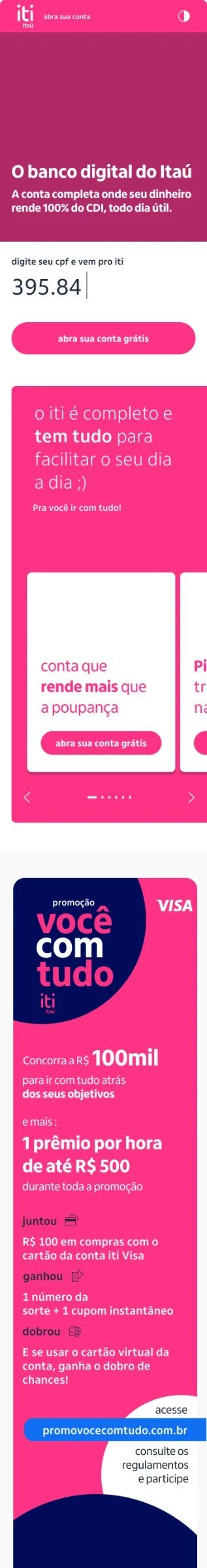 Landing page atual de abertura de conta do iti, com a hero, CTA e primeiro card do carrossel promocional